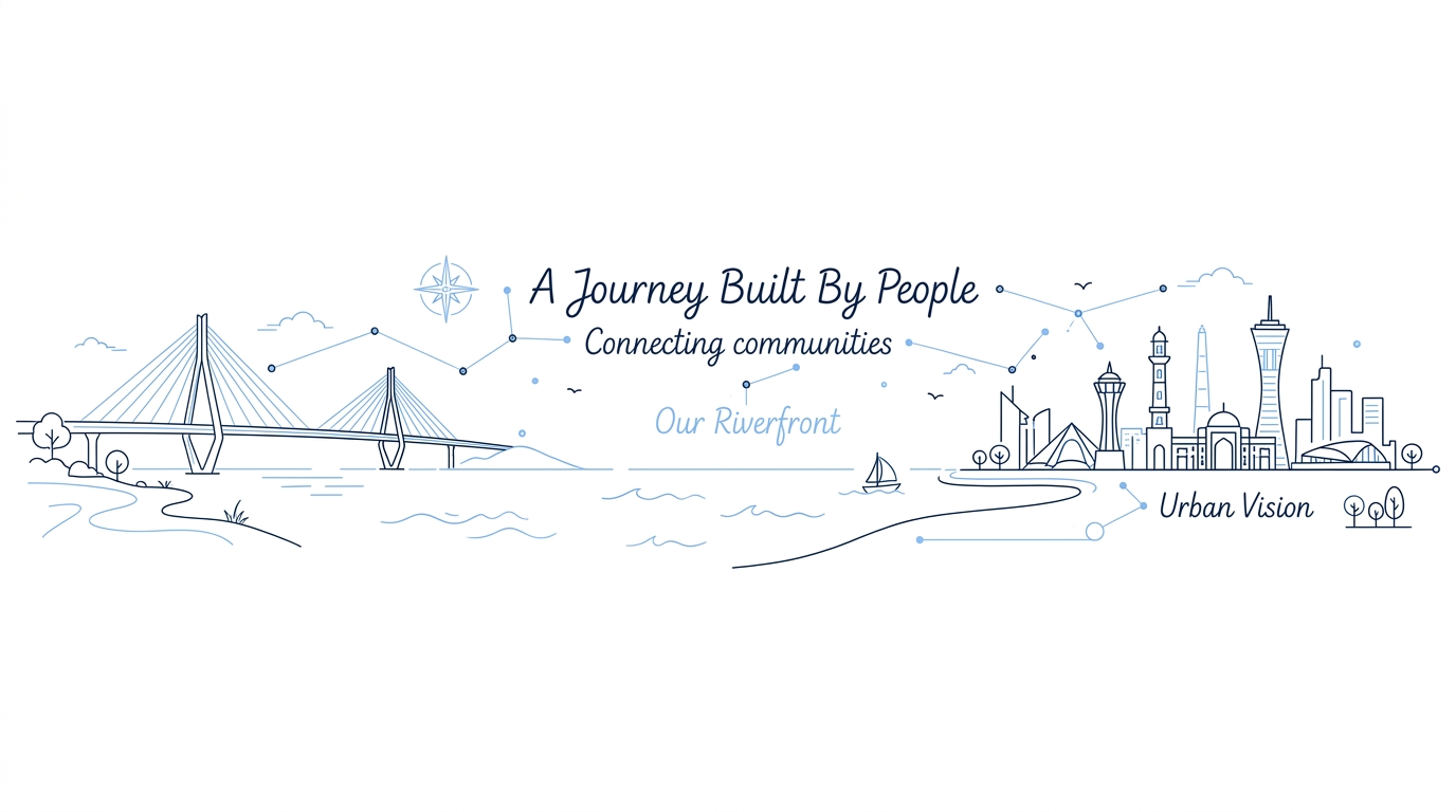 Architectural riverfront bridge and urban vision skyline line art