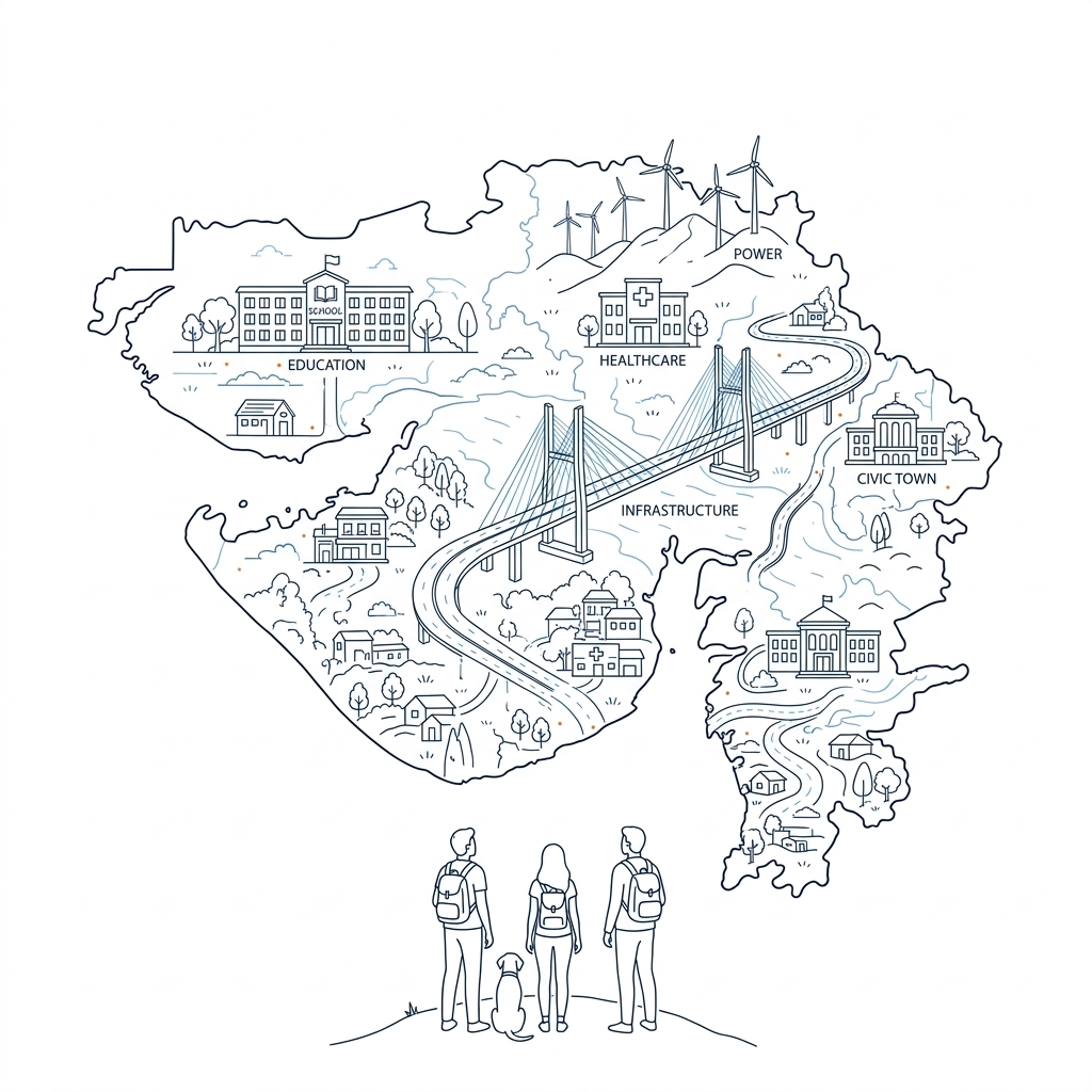 Architectural blueprint line art illustration of Gujarat infrastructure, civil buildings, wind turbines and citizen observers