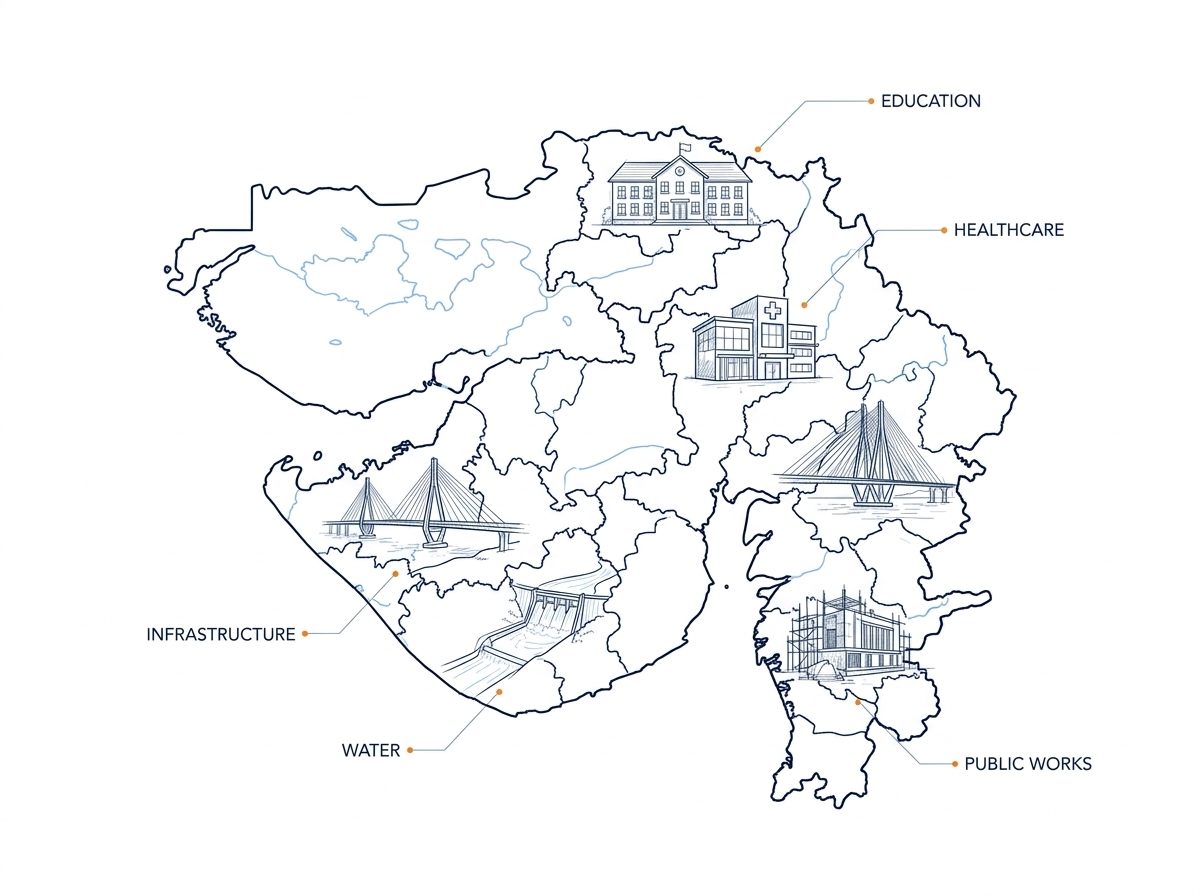 Thematic architectural line art map of Gujarat highlighting Education, Healthcare, Infrastructure, Water and Public Works