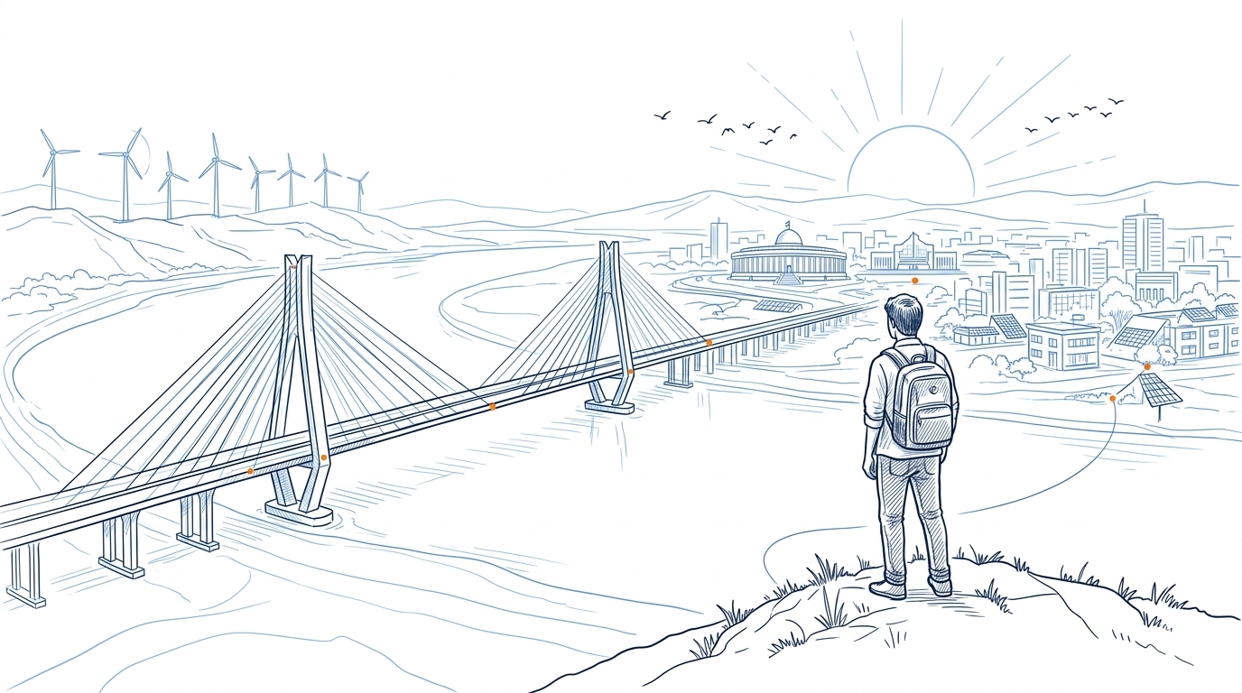 Panoramic architectural line art illustration of a citizen observer overlooking Gujarat's developing landscape, suspension bridges, wind turbines and rising sun
