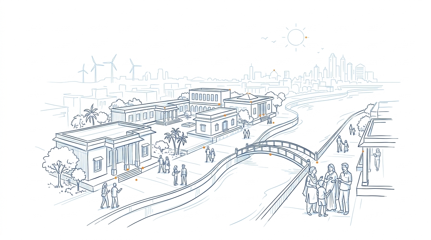 Civic riverside landscape and community architectural sketch of Gujarat