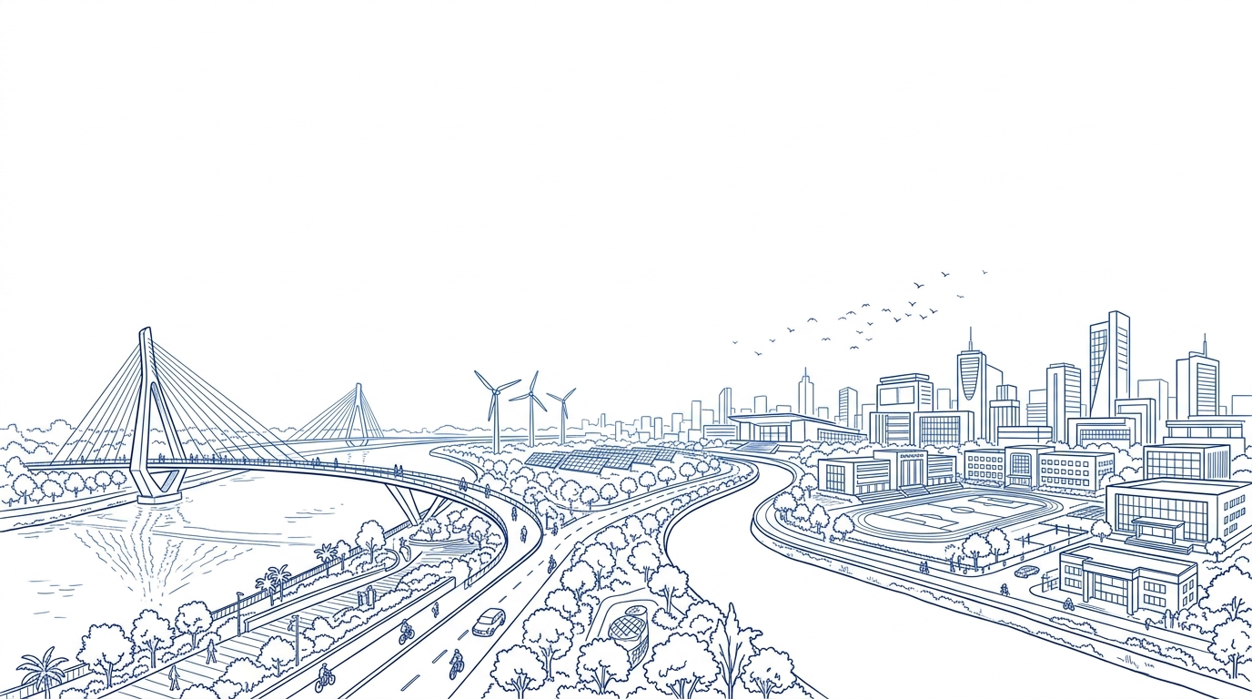 Panoramic technical architectural illustration of Gujarat riverfront cable-stayed bridge, civic promenade, solar and wind infrastructure, and modern skyline